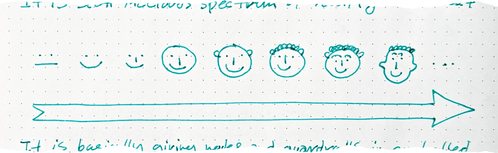 a figure showing a timeline of a face evolving from a simple horizontal line on the left, through increasingly detailed smiley faces, to a more realistic cartoon face on the right, all positioned above a large arrow pointing from abstract to realistic