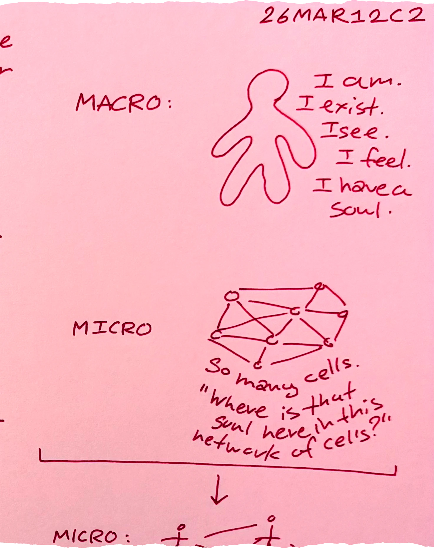 MACRO: A person thinking: I am, I exists, I see, I feel, I have a soul. MICRO: A network of cells with a description: So many cells. Where is that soul here in this network of cells?