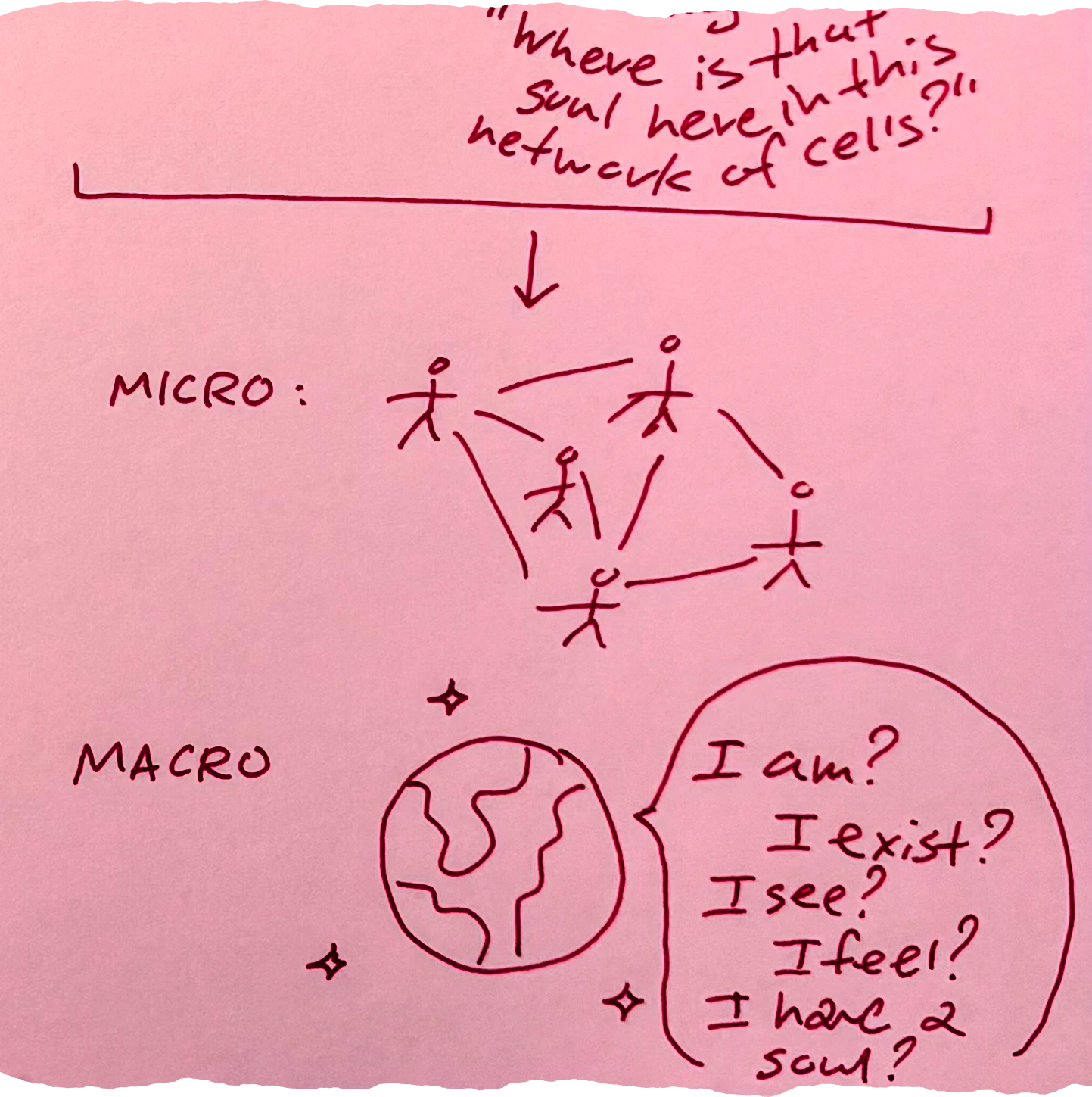An arrow from the previous figure coming to this one. MICRO: A network of people in a graph connected with each other. MACRO: Planet Earth with a bubble that says: I am? I exist? I see? I feel? I have a soul?