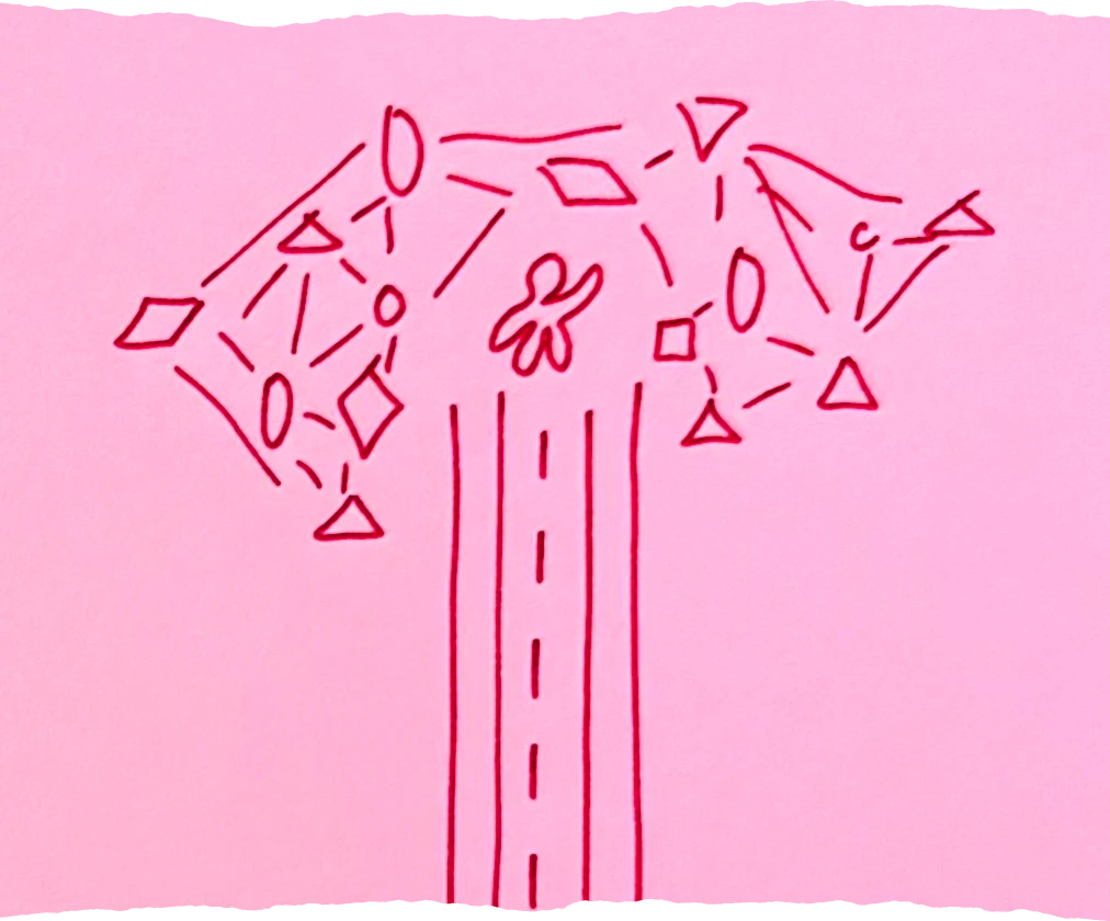 A road where at one side is one person and around them is a huge graph.