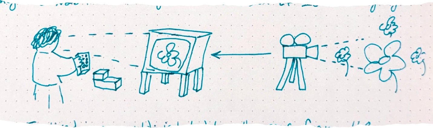 a drawing showing a person holding a remote or controller looking at a television screen which displays a flower, with an arrow pointing from a camera filming real flowers towards the TV, illustrating the mediation of reality