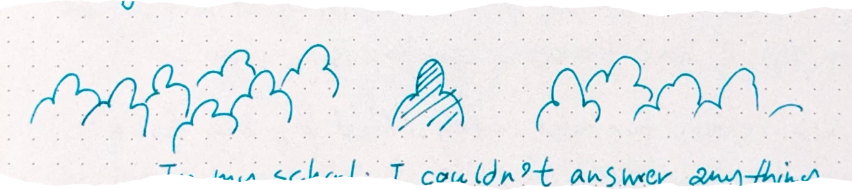 a drawing showing a single hatched silhouette figure isolated and standing in the gap between two separate crowds of outlined figures