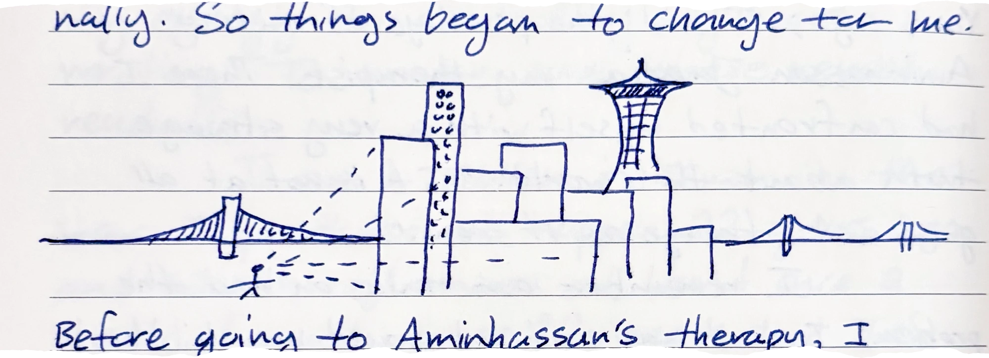 A drawing of a person looking at a city that has bridges, towers, skyscrapers, ... and feeling tiny in comparison