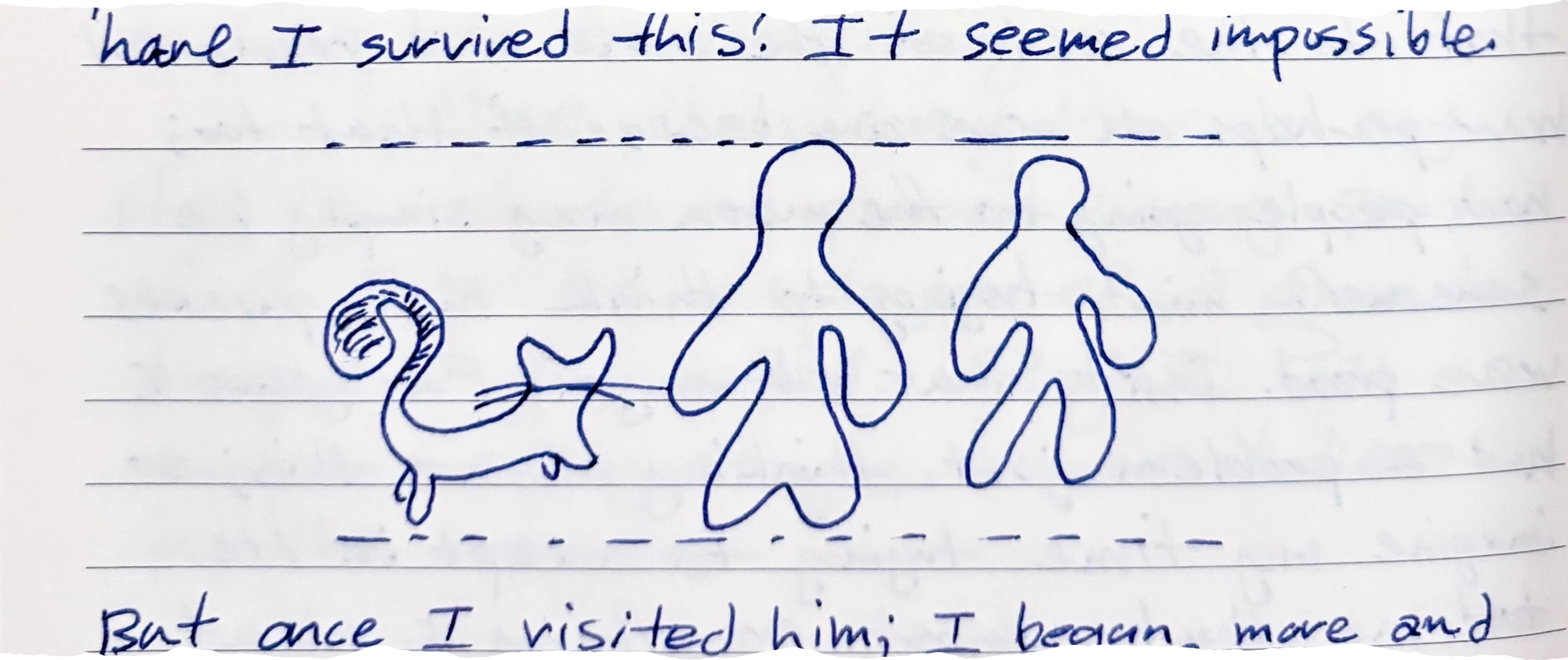 A sketch of a cat and two simple human figures standing between two horizontal dashed lines, (like the baseline and x-height of a typeface), they no longer are in comparison to a city, but to each other. the sizes now are natural