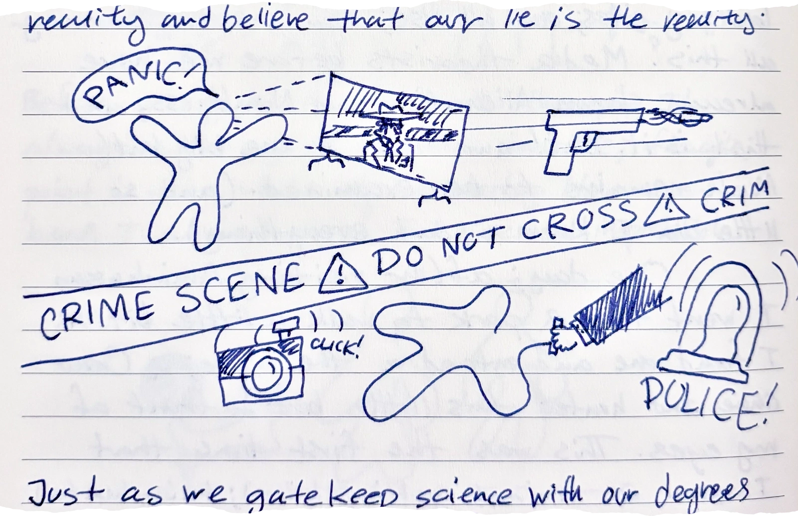 a series of blue ink sketches including a figure shouting 'PANIC!' watching a screen showing a noir-style gangster character, a firing handgun, a 'CRIME SCENE DO NOT CROSS' tape, a camera with a 'click!' sound effect, a chalk-style body outline, and a flashing siren labeled 'POLICE!'