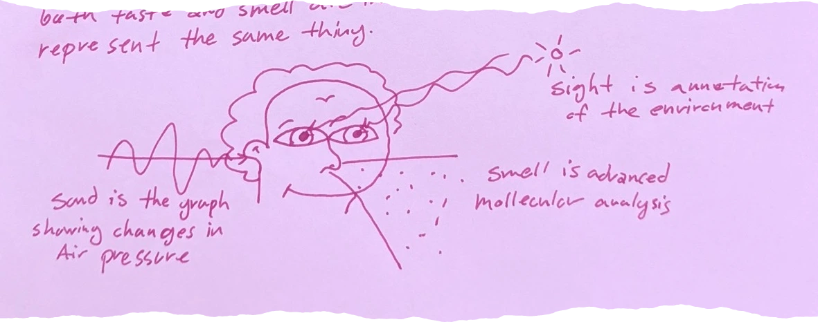 A second diagram of a face with sensory labels: - Sound is the graph showing changes in Air pressure. - Sight is annotation of the environment. - Smell is advanced molecular analysis.