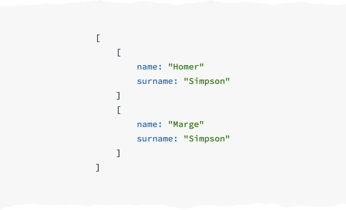 KaryScript list: `[[name: 'Homer' surname: 'Simpson'] [name: 'Marge' surname: 'Simpson']]`