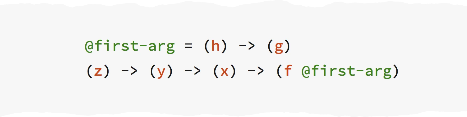 KaryScript `@first-arg = (h) -> (g)` then `(z) -> (y) -> (x) -> (f @first-arg)`