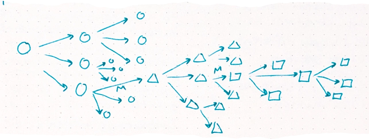 a diagram showing a branching evolutionary tree starting with circles, transitioning into triangles, and finally squares, with some small 'M' notations representing mutations