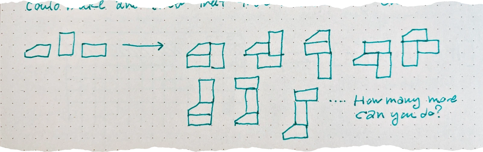 a series of drawings showing three basic geometric blocks being combined into various larger complex shapes with the text 'How many more can you do?'