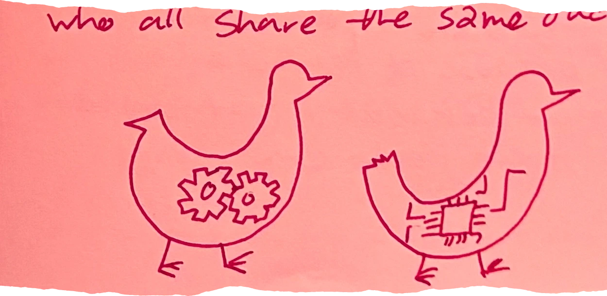 a drawing of two ducks: one containing gears (mechanical) and the other containing a microchip (electronic), illustrating 'same protocol/output, different inner workings'