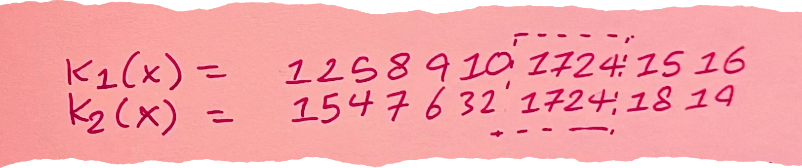 a custom notation showing numerical output sequences for two kernels, K1(x) and K2(x), with a dashed-line box highlighting the common numbers 17 and 24