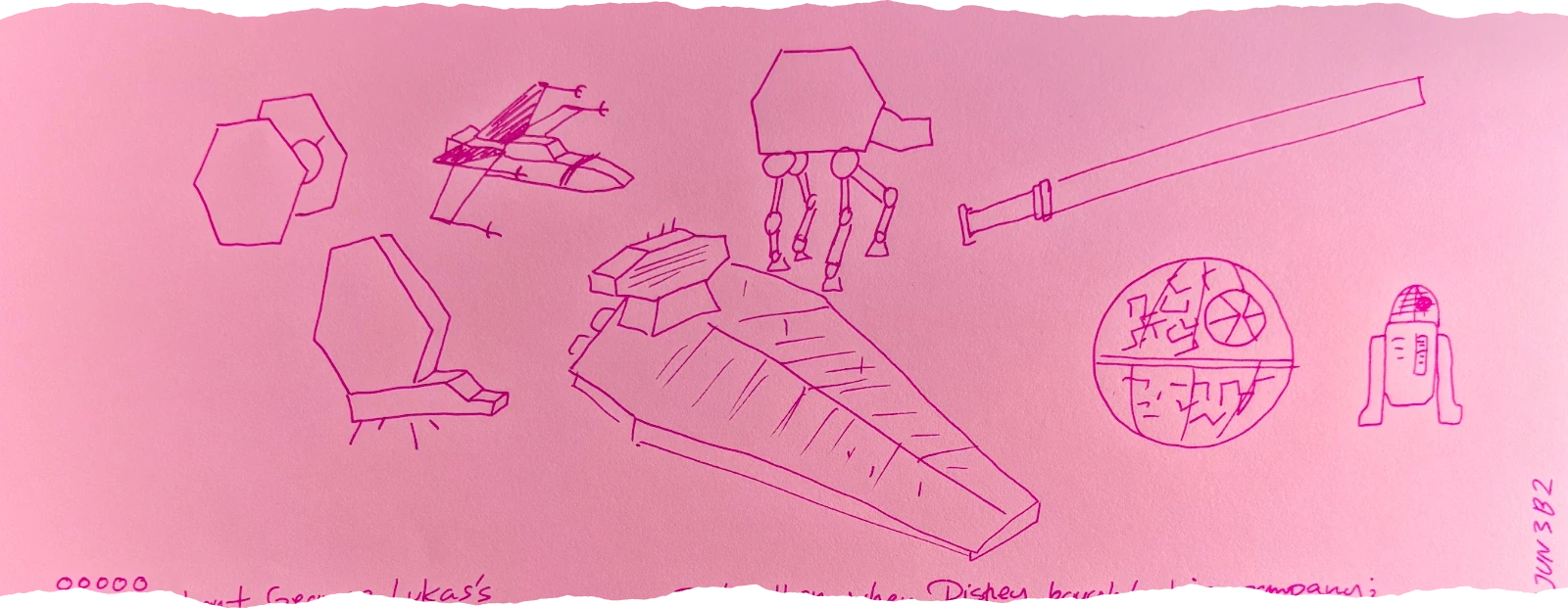 abstract drawings of Star Wars universe's elements: X-wing, imperial starship, At-Ats, death star, R2D2, Light saber ...