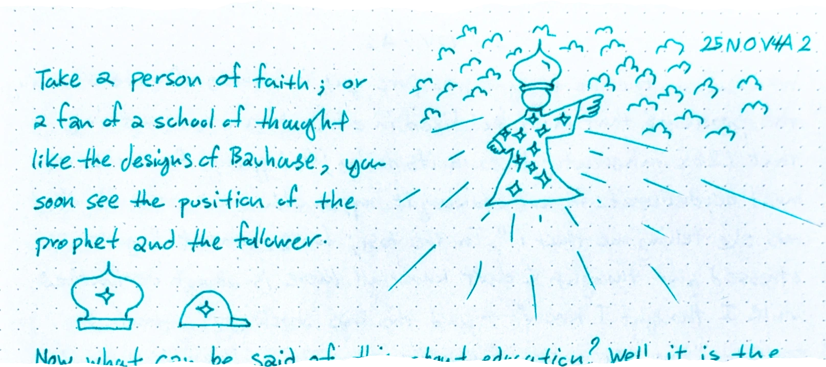 A hand-drawn sketch of the character 'Maximalist Pouya', depicted as a figure resembling a wizard or a religious leader. Maximalist Pouya wears a tall, domed hat (mitre) similar to those seen in Orthodox cathedrals. The robe is adorned with numerous sparkle-sign stars, suggesting a magical or celestial theme. Maximalist Pouya appears to be levitating amidst stylized, cartoonish clouds, with lines radiating outwards suggesting movement or power. The figure is gesturing with one hand, as if lecturing or commanding an unseen audience.', and then two hats, one a mitre and one a cap both with the Pouya Sparkle Sign