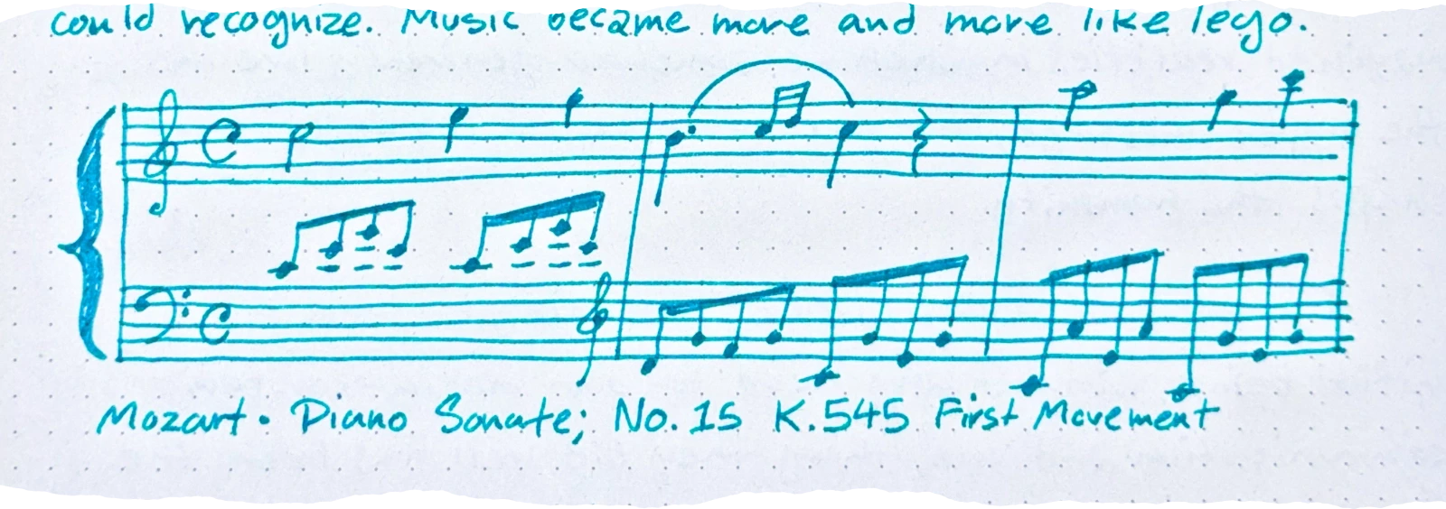 a musical staff showing the opening measures of Mozart's Piano Sonata No. 16/15 in C Major, K. 545