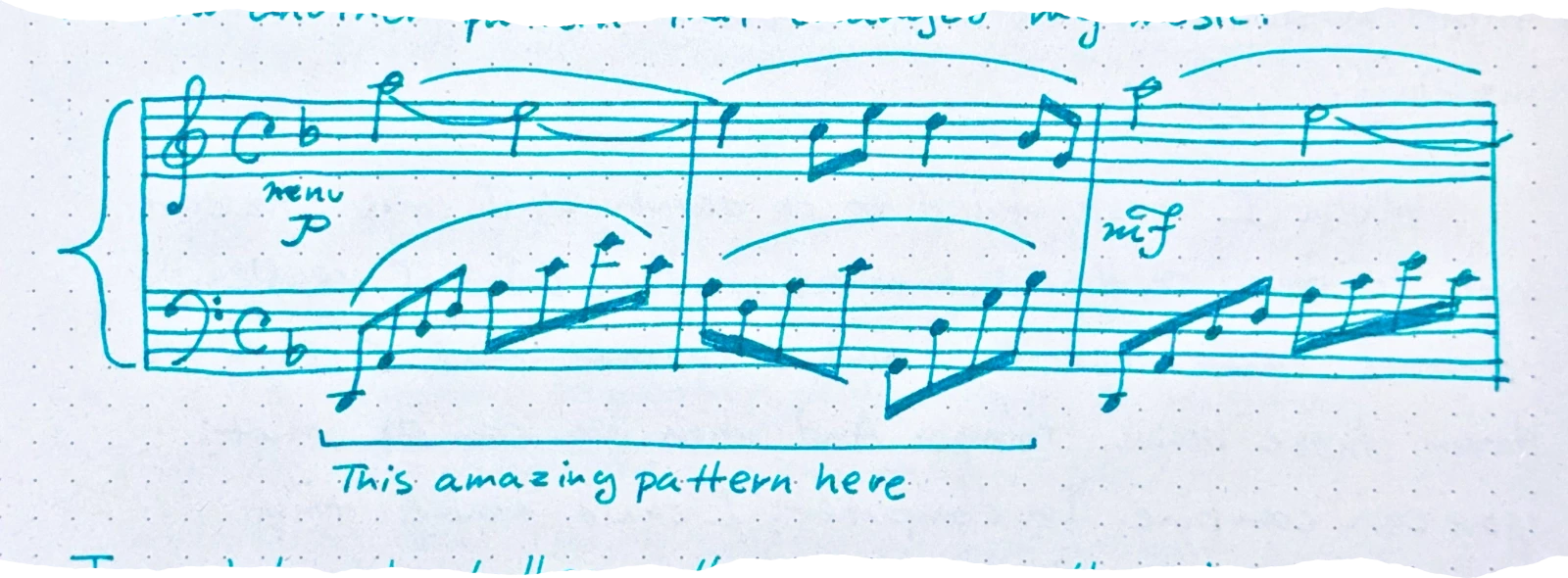 a musical staff showing three measures of Claude Debussy's 'Rêverie' with flowing arpeggios in the left hand and a melody in the right hand, with a bracket highlighting the left-hand accompaniment labeled 'This amazing pattern here'