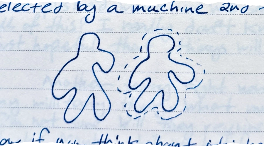 a drawing of two humanoid silhouettes, one with a solid outline and the second with a dashed line around it suggesting a selection field or boundary