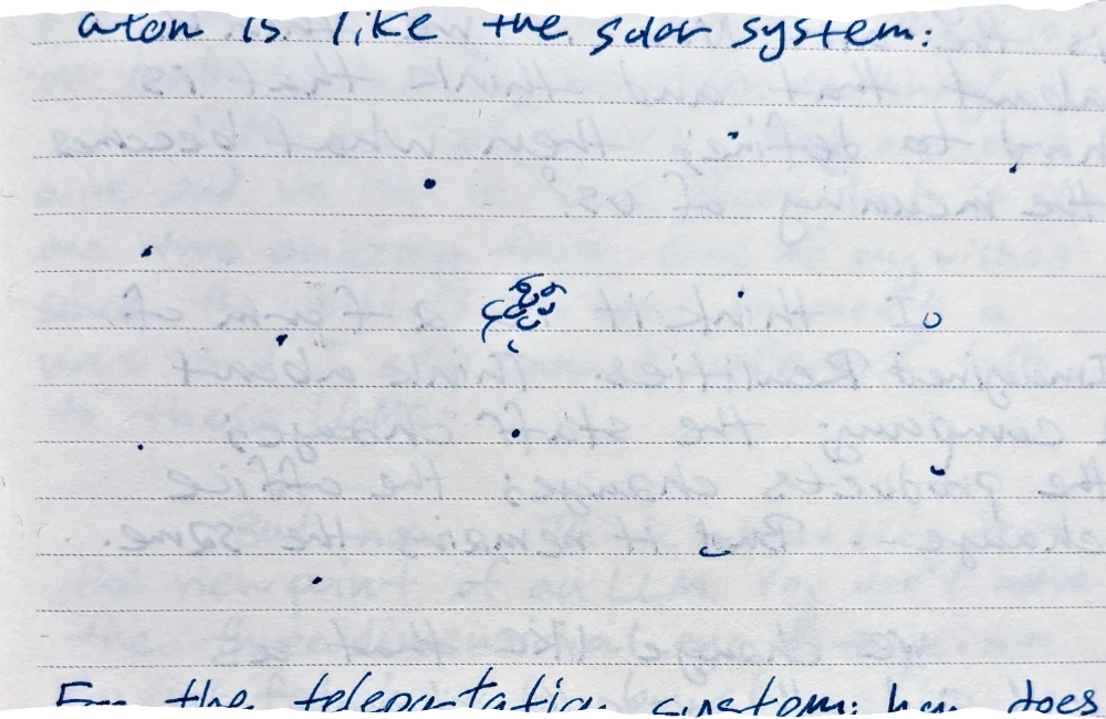 a drawing of many small dots scattered around a central scribbled cluster, representing an atom or a solar-like system