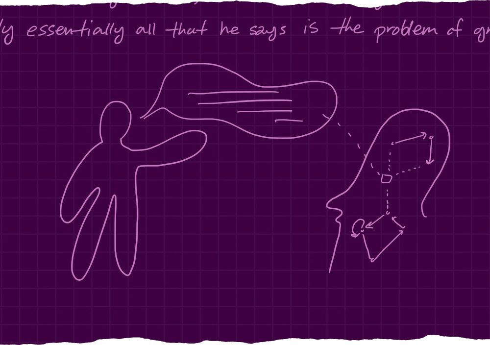 a drawing showing a stylized figure speaking with a large speech bubble directed towards a profile of another person's head, which contains an internal network of nodes and arrows