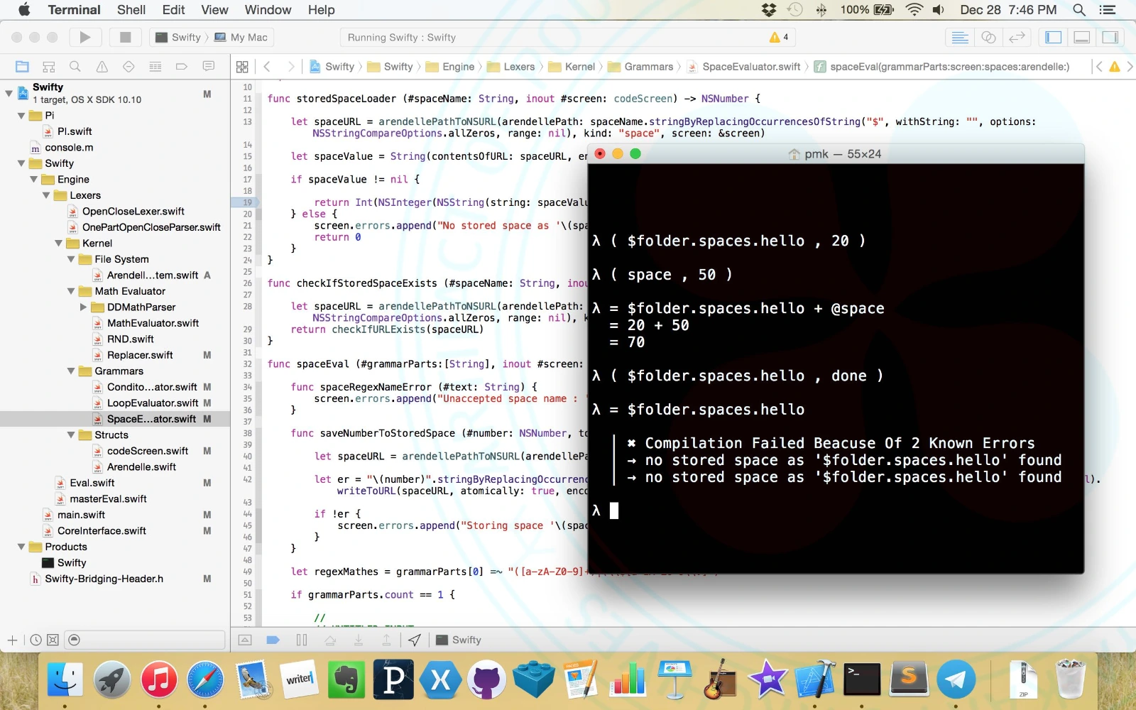 A screenshot of my mac. On the background is Xcode open, and then there is this terminal with Swifty open showing snippets of code with the idea of 'stored spaces' in Arendelle Language that I have just implemented. Spaces are like variables in Arendelle Language, to define them you do (name, value) and to use them you use @value. Stored spaces are different in they are stored on files with .space extension. To define them you do ($name, value) and the $name is the address of the file. If you do $name, Arendelle Language will make a file as name.space and places the value in it. This can also become directories so ($foo.bar, 17) stores 17 in ./foo/bar.space. It is also that spaces are actually arrays and you can expand them. So when someone define (foo, 17) it is basically let foo = [17], and @foo is the sugar-syntax for foo[0]. You can write to the next indices like (foo[4], 24) and this automatically expanse foo = [17] to foo = [17, 0, 0, 24]. (In Arendelle Language indices start from 1). These were all designed to make coding easier. Children would hardly encounter bugs in the size of an array, and the language was designed to be forgiving as much as possible. A nice detailed, designed by Micha, was to ask the length of the space, you would do @foo? and it was like foo.length. I really liked the question marking asking from the @foo. You could also define an array filled at first like: (foo, 1; 2; 3; 4; 5).
入 ( $folder.spaces.hello , 20 )

入 ( space , 50 )

入 = $folder.spaces.hello + @space
   = 20 + 50
   = 70

入 ( $folder.spaces.hello , done )

入 = $folder.spaces.hello
   │ 🞭 Compilation Failed Because Of 2 Known Errors
   │ → no stored space as '$folder.spaces.hello' found
   │ → no stored space as '$folder.spaces.hello' found

入 ▋
