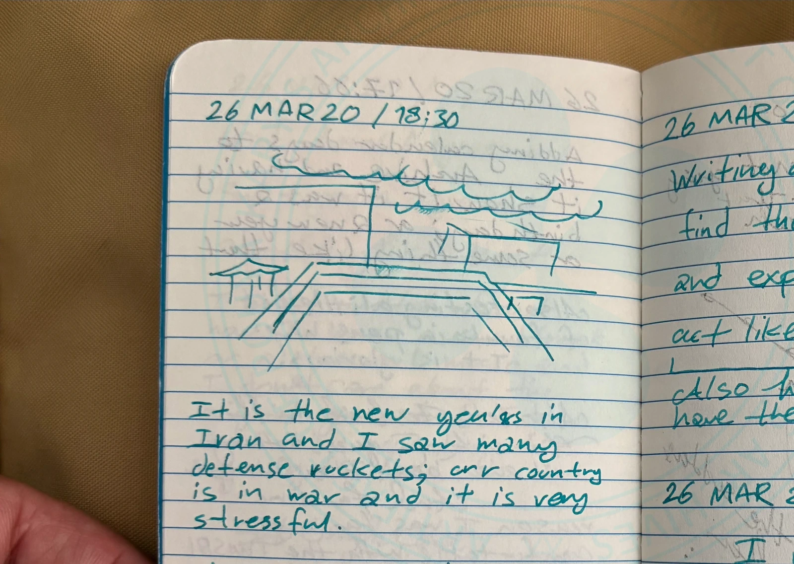 A page of my pocket notebook showing a drawing I made of my view towards the backyard of Ana's home where I had witnessed the defense rockets.