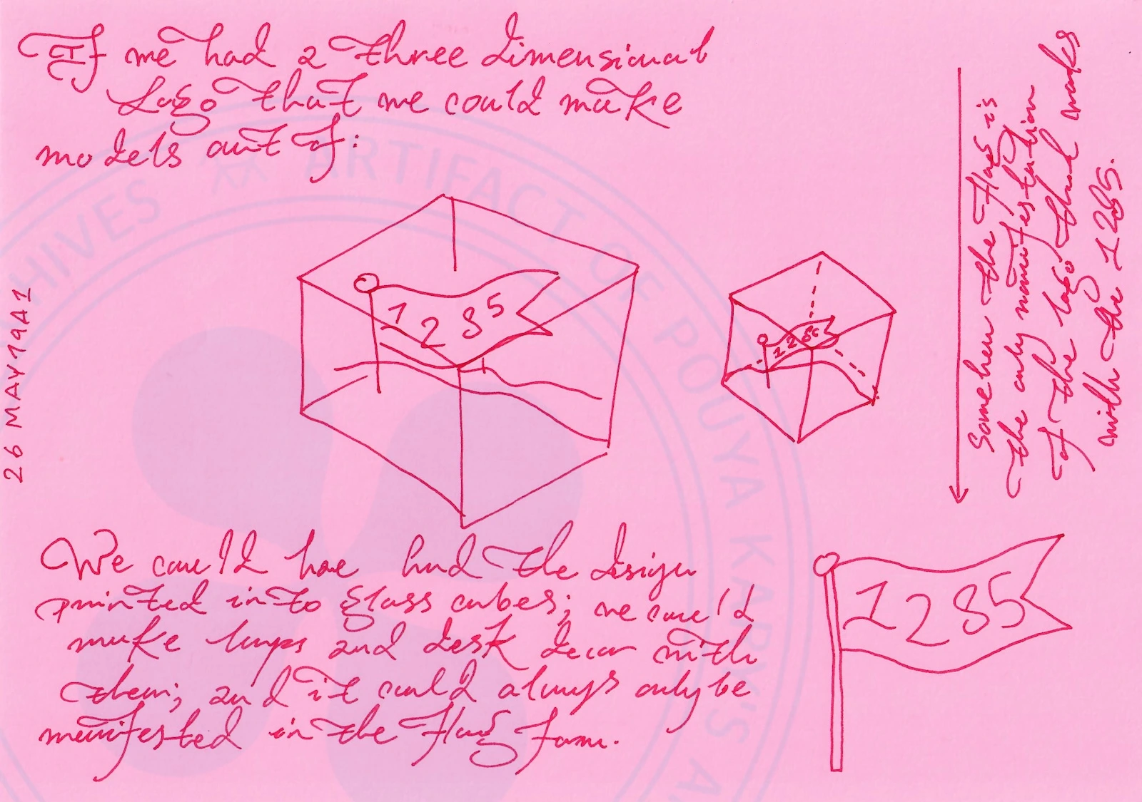 Handwritten Text Transcription:
26MAY1942 (vertical on the left margin)
1285's design space needs to have illustration at
its core; the notion of 'Perfect' and Joni's bed
just does not go with a place about
Remixing and combining and thinking new.
I guess at some time the whole
design has to be done by the Artists at residence.
Visual Elements and Layout Description:
The page contains a minimalist sketch situated above the main body of text. The sketch depicts an isometric, blocky landscape set upon a wavy ground line that ends in a directional arrow pointing to the right. Within this landscape, a figure on the left is shown holding up a large triangular block, seemingly adding it to an emerging structure made of rectangular and cylindrical shapes. A ladder connects the lower tiers of these blocks to a higher platform. On top of that platform, a second figure stands holding a pole with the 1285 flag, indicating completion or claim.