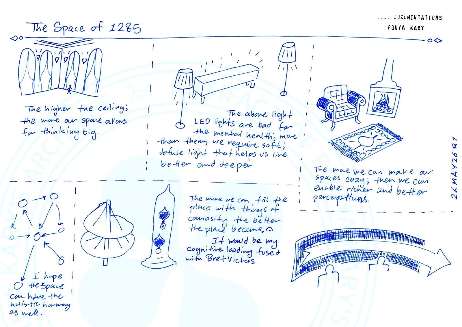 The Space of 1285 DOCUMENTATIONS POUYA KARY [a drawing of a high-ceilinged room with vertical pillars and a small diamond above; a drawing of a long bench/table and two floor lamps with conical shades emitting dotted light lines; a drawing of a cozy armchair, a patterned rug, and a fireplace with a flame; a diagram of circles with arrows pointing inwards to a central circle; a drawing of a tall, conical decorative object or light fixture with diamond shapes; a drawing of a curved architectural beam or arrow pointing right, with human silhouettes standing beneath it] The higher the ceiling; the more our space allows for thinking big. The above light LED lights are bad for the mental health; more than them, we require soft, diffuse light that helps us live better and deeper. The more we can make our spaces cozy; then we can enable richer and better perceptions. I hope the space can have the holistic harmony as well. The more we can fill the place with things of curiosity the better the place becomes. It would be my cognitive loading fused with Bret-Victors.