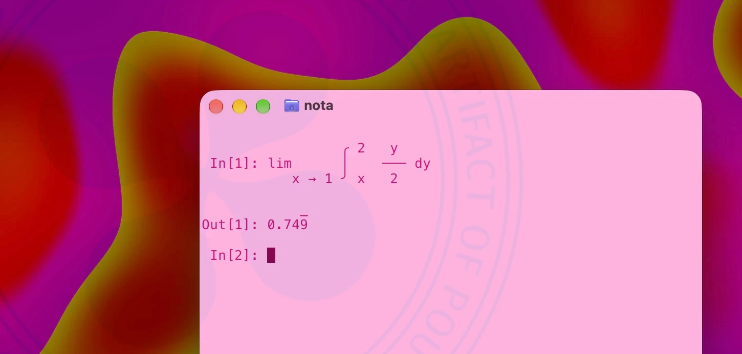 New nota rendering:
                 ╭ 2   y
 In[1]: lim      │    ─── dy
           x → 1 ╯ x   2

            _
Out[1]: 0.749