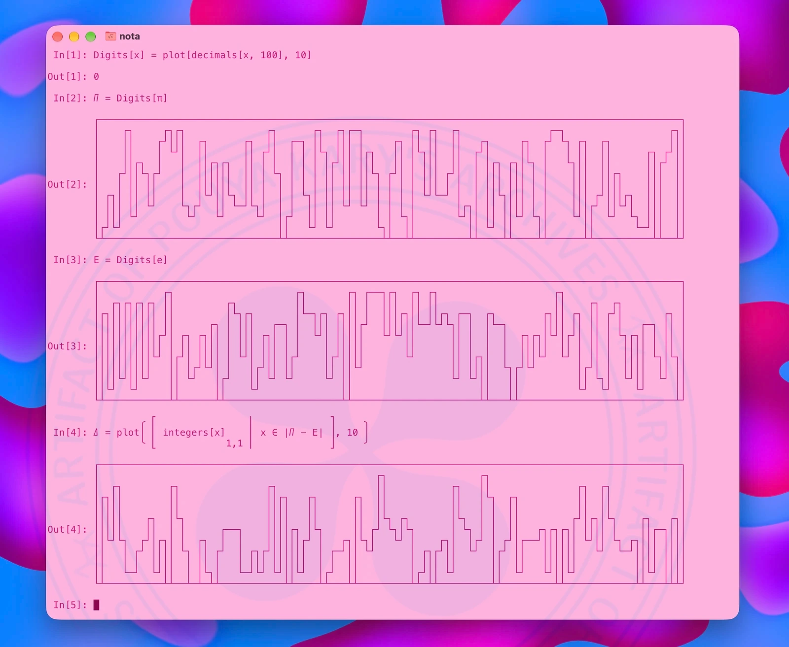 In[1]: Digits[x] = plot[decimals[x, 100], 10]

Out[1]: 0

 In[2]: 𝛱 = Digits[π]

        ┌─────────────────────────────────────────────────────────────────────────────────────────────────────┐
        │    ┌┐     ┌┐┌┐              ┌┐      ┌┐  ┌┐┌─┐        ┌┐ ┌┐  ┌┐               ┌─┐                  ┌┐│
        │    ││    ┌┘│││  ┌┐      ┌┐  ││  ┌─┐ ││  │││ │     ┌┐ ││ ││  ││   ┌┐     ┌┐  ┌┘ └┐ ┌┐  ┌┐          │││
        │    ││    │ └┘│  ││      ││ ┌┘│  │ │ │└┐ │││ │┌┐   ││ │└┐││  ││  ┌┘│     ││  │   │ ││  ││      ┌┐ ┌┘││
        │    ││┌┐  │   │  ││┌┐┌┐  ││ │ │  │ │ │ │┌┘││ │││   ││ │ │││  ││  │ │┌┐ ┌┐│└┐ │   └┐││  ││      ││┌┘ ││
        │   ┌┘││└┐┌┘   │  ││││││  ││ │ └┐ │ │ │ ││ ││ ││└┐ ┌┘│ │ │││ ┌┘│  │ │││ │││ │ │    │││  ││┌┐    │││  ││
Out[2]: │   │ ││ ││    │  ││││││  ││ │  │ │ │ │ ││ ││ ││ │ │ │ │ │││ │ │  │ │││ │││ │ │    │││  ││││    │││  ││
        │ ┌┐│ ││ ││    │  │└┘││└┐ ││ │  │ │ └┐│ ││ ││ ││ │ │ │ │ └┘└─┘ │  │ ││└┐│││ │ │    │││ ┌┘│││┌┐  │││  ││
        │ │││ ││ └┘    └┐┌┘  ││ └─┘└┐│  │ │  ││ ││ └┘ └┘ │ │ │ │       │┌┐│ ││ ││││ │ │    │││┌┘ ││└┘│  │││  ││
        │ │││ └┘        └┘   └┘     └┘  │┌┘  ││ ││       │ │ └┐│       └┘││ ││ ││└┘ └┐│    └┘││  └┘  └┐ │││  ││
        │┌┘└┘                           ││   └┘ └┘       └┐│  ││         ││ └┘ ││    ││      ││       └─┘││  ││
        └┴──────────────────────────────┴┴────────────────┴┴──┴┴─────────┴┴────┴┴────┴┴──────┴┴──────────┴┴──┴┘

 In[3]: E = Digits[e]

        ┌─────────────────────────────────────────────────────────────────────────────────────────────────────┐
        │           ┌┐                     ┌┐       ┌┐ ┌──┐┌┐  ┌┐ ┌┐                    ┌┐                    │
        │  ┌┐┌┐┌┐┌┐ ││         ┌┐          ││       ││ │  │││  ││ ││                    ││    ┌┐  ┌┐          │
        │┌┐││││││││ ││         │└┐┌┐       │└─┐┌┐ ┌┐││ │  │││┌┐││ ││┌┐ ┌─┐  ┌┐        ┌┐││ ┌┐ ││ ┌┘│       ┌┐ │
        │││││││││││ ││      ┌┐ │ │││   ┌─┐ │  │││ ││││┌┘  ││││││└─┘└┘└┐│ │  │└─┐      ││││ ││ ││ │ │   ┌─┐ ││ │
        │││││││││││┌┘│ ┌┐ ┌┐││ │ │││ ┌┐│ │ │  └┘│ │││││   └┘└┘││      ││ │  │  │  ┌┐┌┐│└┘│┌┘│ ││ │ └┐┌┐│ │ ││ │
Out[3]: ││││││││││││ │ ││ ││││ │ │││ │││ │ │    │ │││││       ││      ││ │  │  │  │││││  ││ │ ││ │  ││││ │ ││ │
        ││││││││││└┘ │┌┘│ ││││ │ └┘│ │││ │┌┘    │┌┘││││       └┘      ││ │┌┐│  │  │││└┘  └┘ │ ││ │  ││││ └┐│└┐│
        ││││││││││   ││ │┌┘└┘│ │   │┌┘││ ││     ││ ││└┘               ││ ││││  └┐┌┘└┘       │┌┘│ │  ││││  ││ ││
        ││││└┘││└┘   ││ └┘   │┌┘   ││ └┘ └┘     └┘ ││                 └┘ └┘││   ││          ││ └┐│  └┘││  └┘ ││
        ││└┘  └┘     ││      ││    └┘              ││                      ││   ││          └┘  └┘    └┘     ││
        └┴───────────┴┴──────┴┴────────────────────┴┴──────────────────────┴┴───┴┴───────────────────────────┴┘

                ╭ ⎡                ⎢             ⎤     ╮
 In[4]: 𝛥 = plot│ ⎢ integers[x]    ⎢ x ∈ |𝛱 - E| ⎥, 10 │
                ╰ ⎣            1,1 ⎢             ⎦     ╯

        ┌─────────────────────────────────────────────────────────────────────────────────────────────────────┐
        │                                                ┌┐                ┌┐                                 │
        │  ┌┐        ┌┐               ┌┐                 ││           ┌┐   ││               ┌┐  ┌┐            │
        │┌┐││        ││               ││┌┐   ┌┐      ┌┐  ││           ││   │└┐  ┌┐          ││  ││            │
        │││││        ││               ││││   ││      ││  ││           ││   │ │  ││          ││  ││            │
        │││││    ┌┐  │└┐              ││││   ││      ││  │└┐ ┌┐       │└┐  │ │  ││         ┌┘│┌┐│└┐    ┌┐   ┌┐│
Out[4]: │││││    ││  │ │      ┌──┐    ││││┌┐ │└┐     ││ ┌┘ └┐│└┐      │ └┐ │ │  ││   ┌┐┌┐┌┐│ ││││ │    ││┌─┐│││
        ││└┘└┐  ┌┘│┌┐│ │  ┌┐  │  │    ││││││┌┘ │   ┌┐│└┐│   └┘ │    ┌┐│  │┌┘ │ ┌┘│┌──┘││││││ └┘││ └┐ ┌┐│││ ││││
        ││   │ ┌┘ ││││ └┐ ││ ┌┘  │ ┌┐┌┘││││││  │ ┌─┘││ └┘      │ ┌┐┌┘││  └┘  │┌┘ ││   ││││││   └┘  └─┘││││ ││││
        ││   │ │  ││││  │ ││ │   │ │││ ││││││  │ │  ││         │ │││ ││      ││  ││   ││││││          ││││ ││││
        ││   └─┘  └┘││  │ │└┐│   └─┘└┘ └┘││└┘  │┌┘  ││         │┌┘││ └┘      ││  └┘   └┘││└┘          ││└┘ ││││
        └┴──────────┴┴──┴─┴─┴┴───────────┴┴────┴┴───┴┴─────────┴┴─┴┴─────────┴┴─────────┴┴────────────┴┴───┴┴┴┘

 In[5]: