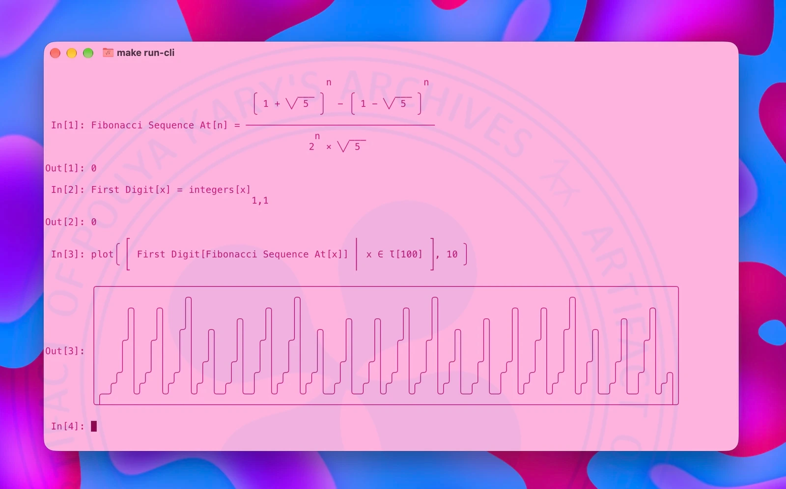 Input Nota Code:
- fibonacci  sequence  at[n] = ((1 + Sqrt[5]) ^ n - (1 - Sqrt[5]) ^ n) / (2 ^ n * Sqrt[5])
- first digit[x] = get[integers[x], 1, 1]
- plot[[first digit[fibonacci sequence at[x]] | x <- iota[100] ], 10]

And renders:

                                                 n                n
                                    ╭       ___ ╮    ╭       ___ ╮
                                    │ 1 + ╲╱ 5  │  - │ 1 - ╲╱ 5  │
                                    ╰           ╯    ╰           ╯
 In[1]: Fibonacci Sequence At[n] = ─────────────────────────────────
                                               n     ___
                                              2  × ╲╱ 5

Out[1]: 0

 In[2]: First Digit[x] = integers[x]
                                    1,1

Out[2]: 0

            ╭ ⎡                                       ⎢            ⎤     ╮
 In[3]: plot│ ⎢ First Digit[Fibonacci Sequence At[x]] ⎢ x ∈ Ɩ[100] ⎥, 10 │
            ╰ ⎣                                       ⎢            ⎦     ╯

        ╭─────────────────────────────────────────────────────────────────────────────────────────────────────╮
        │               ╭╮                 ╭╮                      ╭╮                      ╭╮                 │
        │     ╭╮   ╭╮   ││            ╭╮   ││                 ╭╮   ││            ╭╮   ╭╮   ││            ╭╮   │
        │     ││   ││   ││       ╭╮   ││   ││       ╭╮   ╭╮   ││   ││       ╭╮   ││   ││   ││       ╭╮   ││   │
        │     ││   ││  ╭╯│  ╭╮   ││   ││   ││  ╭╮   ││   ││   ││   ││  ╭╮   ││   ││   ││  ╭╯│  ╭╮   ││   ││   │
        │    ╭╯│  ╭╯│  │ │  ││   ││  ╭╯│  ╭╯│  ││   ││   ││  ╭╯│  ╭╯│  ││   ││   ││  ╭╯│  │ │  ││   ││  ╭╯│   │
Out[3]: │    │ │  │ │  │ │  ││   ││  │ │  │ │  ││   ││   ││  │ │  │ │  ││   ││   ││  │ │  │ │  ││   ││  │ │   │
        │    │ │  │ │  │ │ ╭╯│  ╭╯│  │ │  │ │  ││  ╭╯│  ╭╯│  │ │  │ │ ╭╯│  ╭╯│  ╭╯│  │ │  │ │ ╭╯│  ╭╯│  │ │   │
        │   ╭╯ │ ╭╯ │ ╭╯ │ │ │  │ │ ╭╯ │ ╭╯ │ ╭╯│  │ │  │ │ ╭╯ │ ╭╯ │ │ │  │ │ ╭╯ │ ╭╯ │ ╭╯ │ │ │  │ │ ╭╯ │ ╭╮│
        │  ╭╯  │╭╯  │╭╯  │╭╯ │ ╭╯ │ │  │╭╯  │╭╯ │ ╭╯ │ ╭╯ │╭╯  │╭╯  │╭╯ │ ╭╯ │ │  │╭╯  │╭╯  │╭╯ │ ╭╯ │ │  │╭╯││
        │╭─╯   ╰╯   ╰╯   ╰╯  ╰─╯  ╰─╯  ╰╯   ╰╯  ╰─╯  ╰─╯  ╰╯   ╰╯   ╰╯  ╰─╯  ╰─╯  ╰╯   ╰╯   ╰╯  ╰─╯  ╰─╯  ╰╯ ││
        ╰┴───────────────────────────────────────────────────────────────────────────────────────────────────┴╯