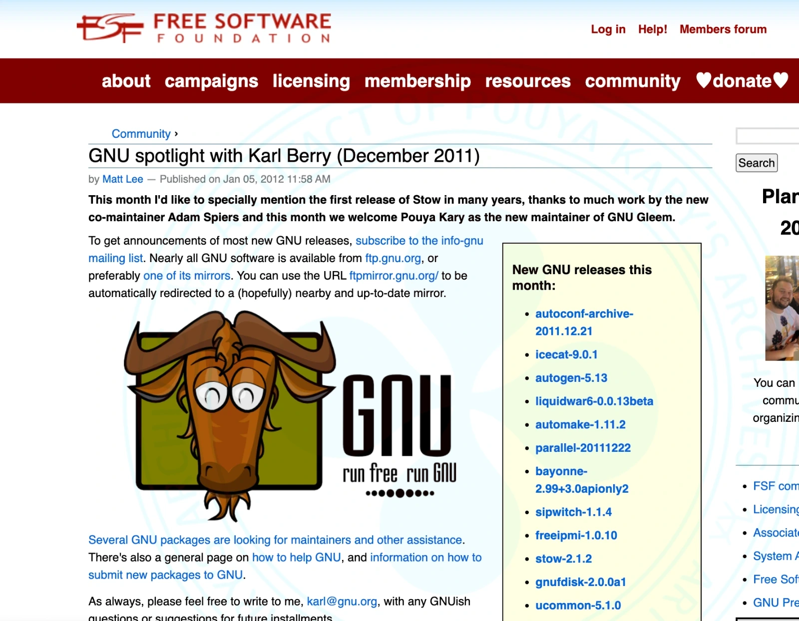 The page reads as:
GNU spotlight with Karl Berry (December 2011)
by Matt Lee — Published on Jan 05, 2012 11:58 AM
This month I'd like to specially mention the first release of Stow in many years, thanks to much work by the new co-maintainer Adam Spiers and this month we welcome Pouya Kary as the new maintainer of GNU Gleem.