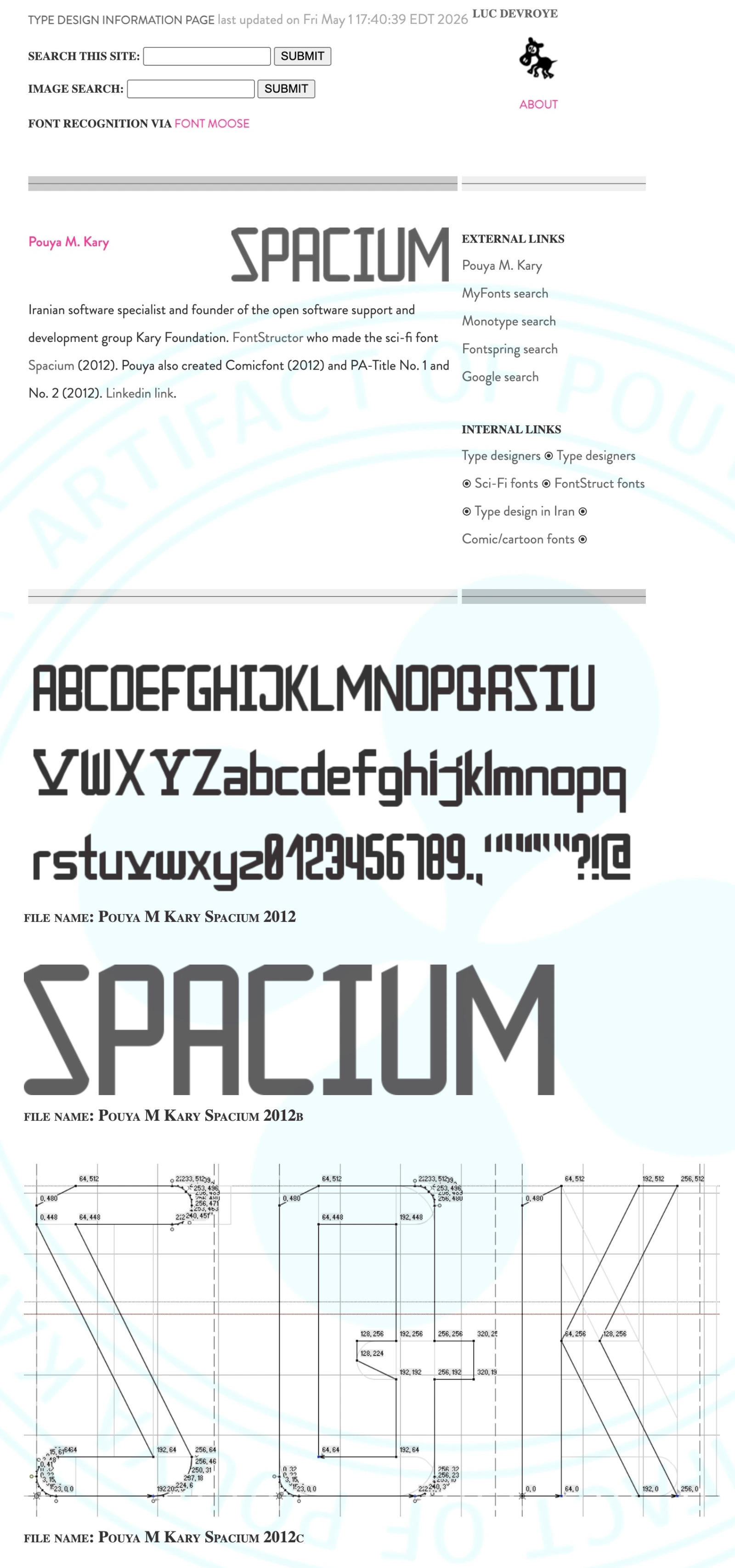 A screenshot of Luc Devroye's Profile on Me at https://luc.devroye.org/fonts-67205.html,
the content reads as:
Pouya M. Kary
Iranian software specialist and founder of the open software support and development group Kary Foundation. FontStructor who made the sci-fi font Spacium (2012). Pouya also created Comicfont (2012) and PA-Title No. 1 and No. 2 (2012). Linkedin link.